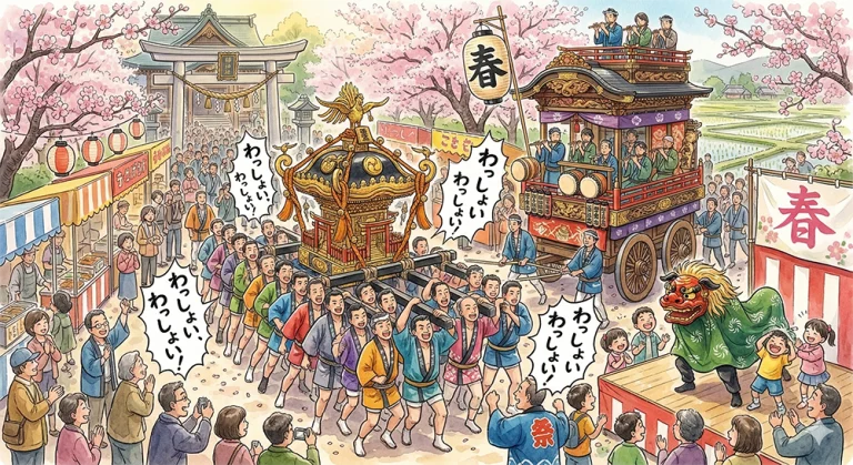 『3月中旬〜4月』 五穀豊穣を祈る春の訪れ。神輿と山車が街を練り歩く春祭り