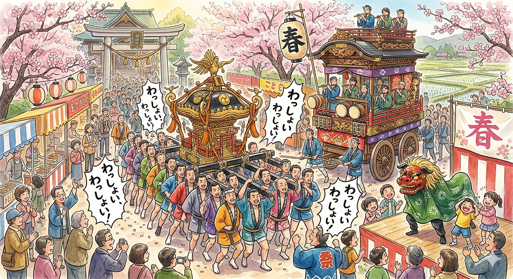 『3月中旬〜4月』 五穀豊穣を祈る春の訪れ。神輿と山車が街を練り歩く春祭り
