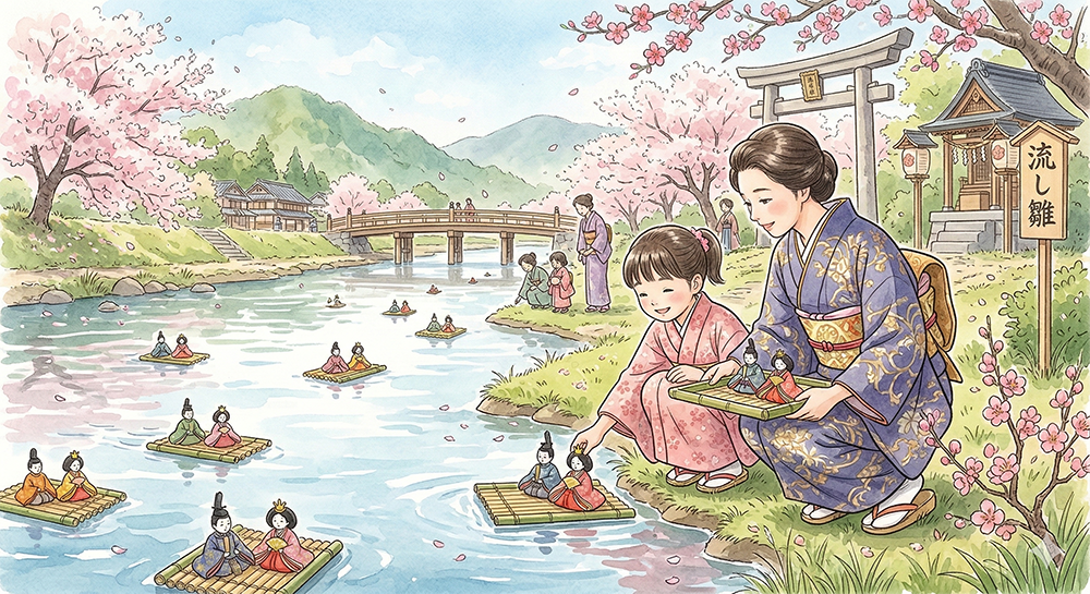 『3月3日前後』 紙の人形を川に流して厄を払う。雛祭りの原型「流し雛」