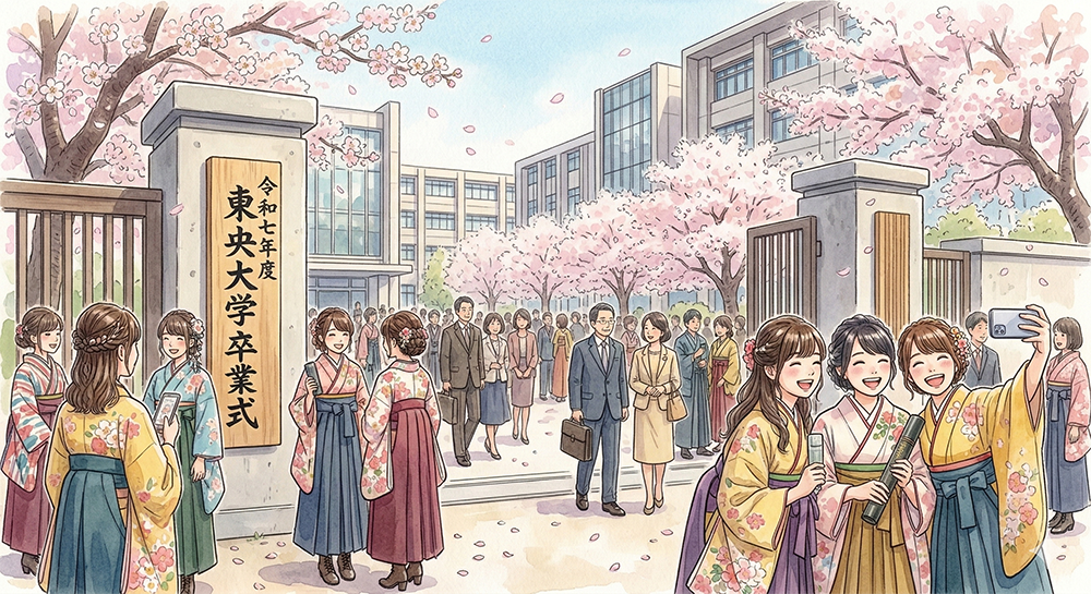 『3月中旬〜下旬』 袴姿の女子大生と桜。人生の節目を祝う日本の卒業式文化